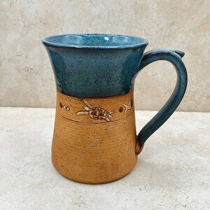 Vintage 2003 Artist Signed Nelson Studio Pottery Sea Life Mug 14 Fl Oz Teal